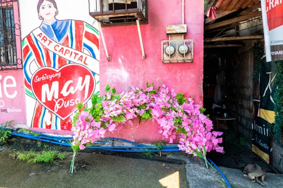 A mural on a pink wall features an illustration of a person with the words 'Art Capital' across their chest and 'Serbisyong May Puso' inside a heart. Pink flowers are arranged at the base of the wall, and there are two electrical meters above. Part of an open doorway is visible to the right.