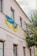 A building facade partially covered by Ukrainian flags, with a tree next to it. The building has multiple windows and is painted in a light color, possibly white or cream. The sky is visible above, partially cloudy.