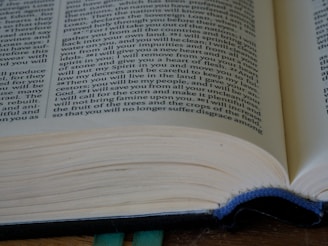 A close-up view of an open book, focusing on a particular page with neatly printed text. The perspective shows the edge of the pages, giving a sense of thickness and the book's dimension. The pages appear slightly yellowed, indicating age or a particular paper texture.