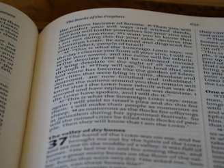 A close-up photograph of an open book, specifically displaying text from a religious or philosophical text. The page features a section titled 'The Books of the Prophets' and includes numbered verses. The text is in a serif font, with some words in small capitals to denote emphasis.
