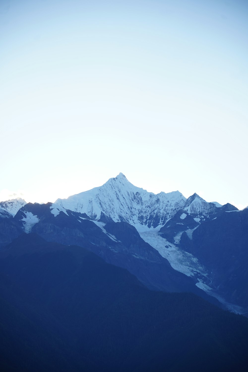 a view of a snowy mountain range from a distance