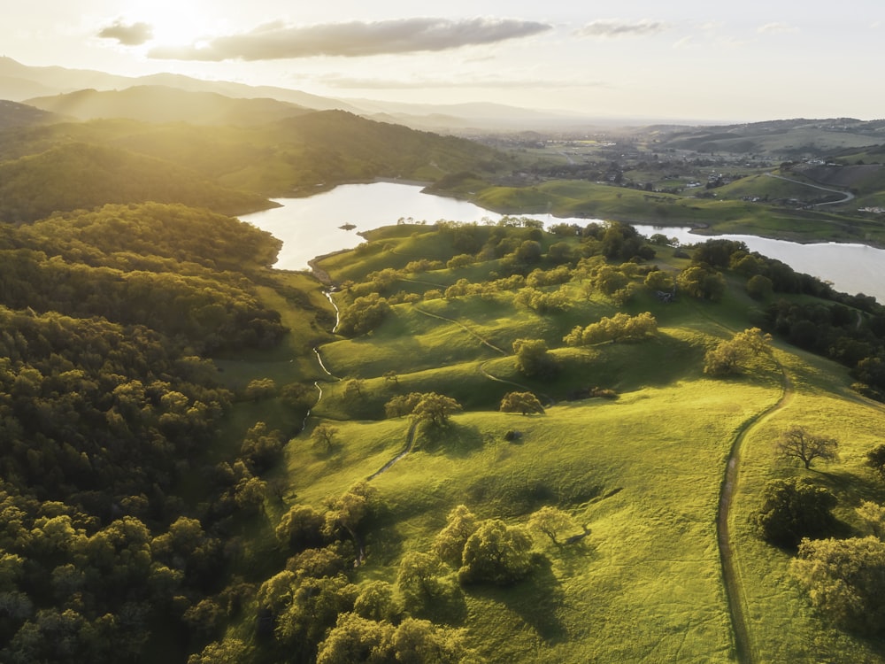 an aerial view of a lush green valley