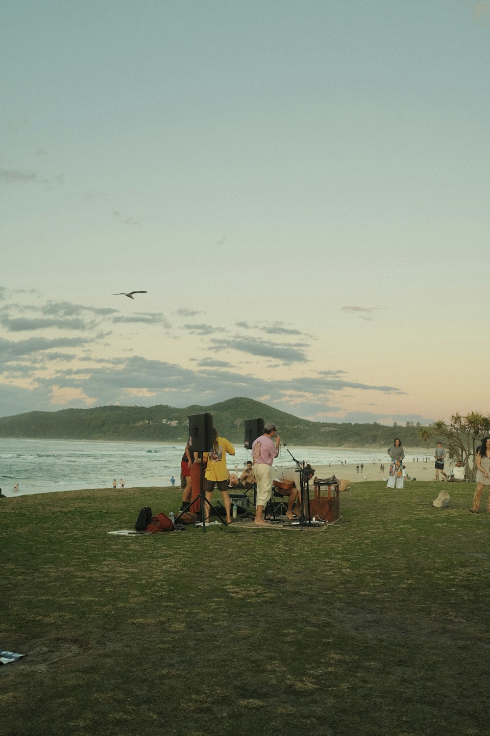 a group of people sitting on top of a lush green field