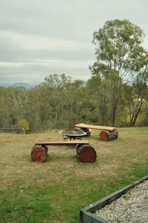 a couple of benches sitting on top of a lush green field