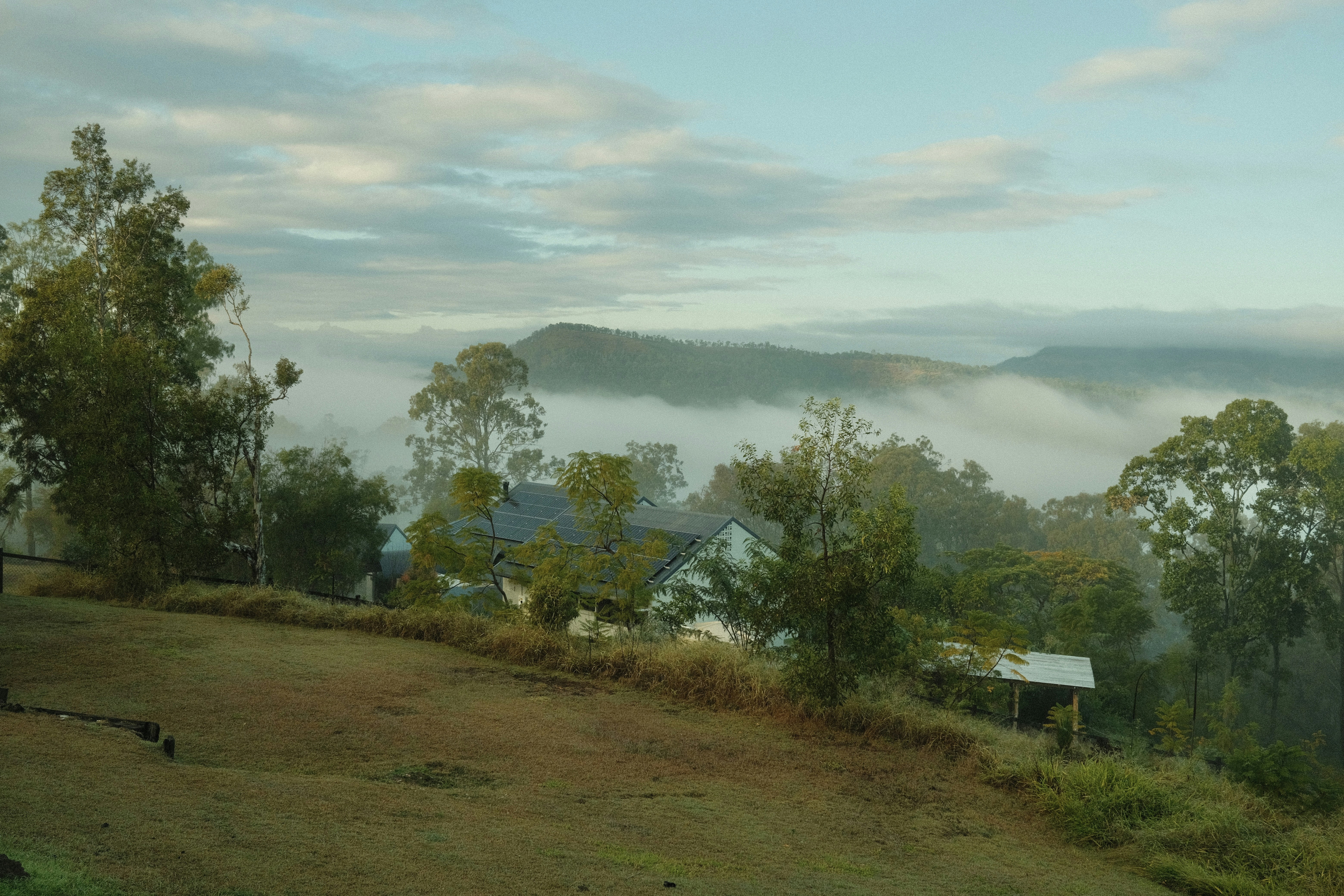 a house on a hill surrounded by trees and fog