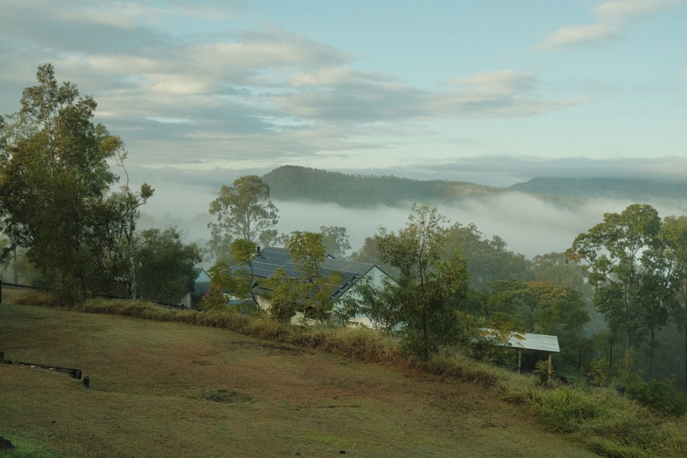 a house on a hill surrounded by trees and fog