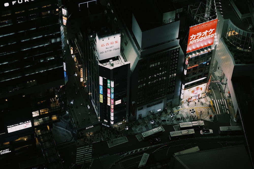 an aerial view of a city at night