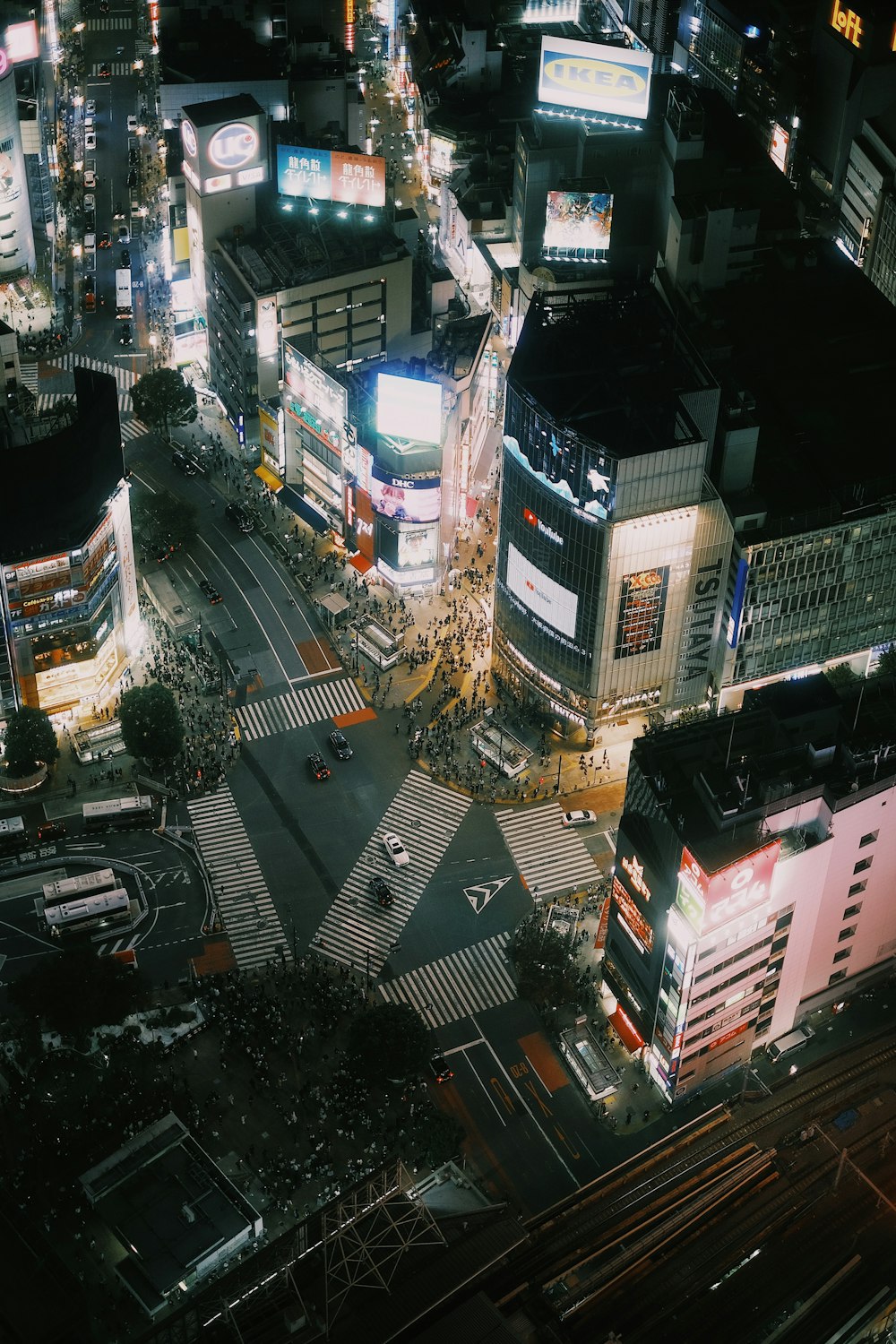 an aerial view of a city at night