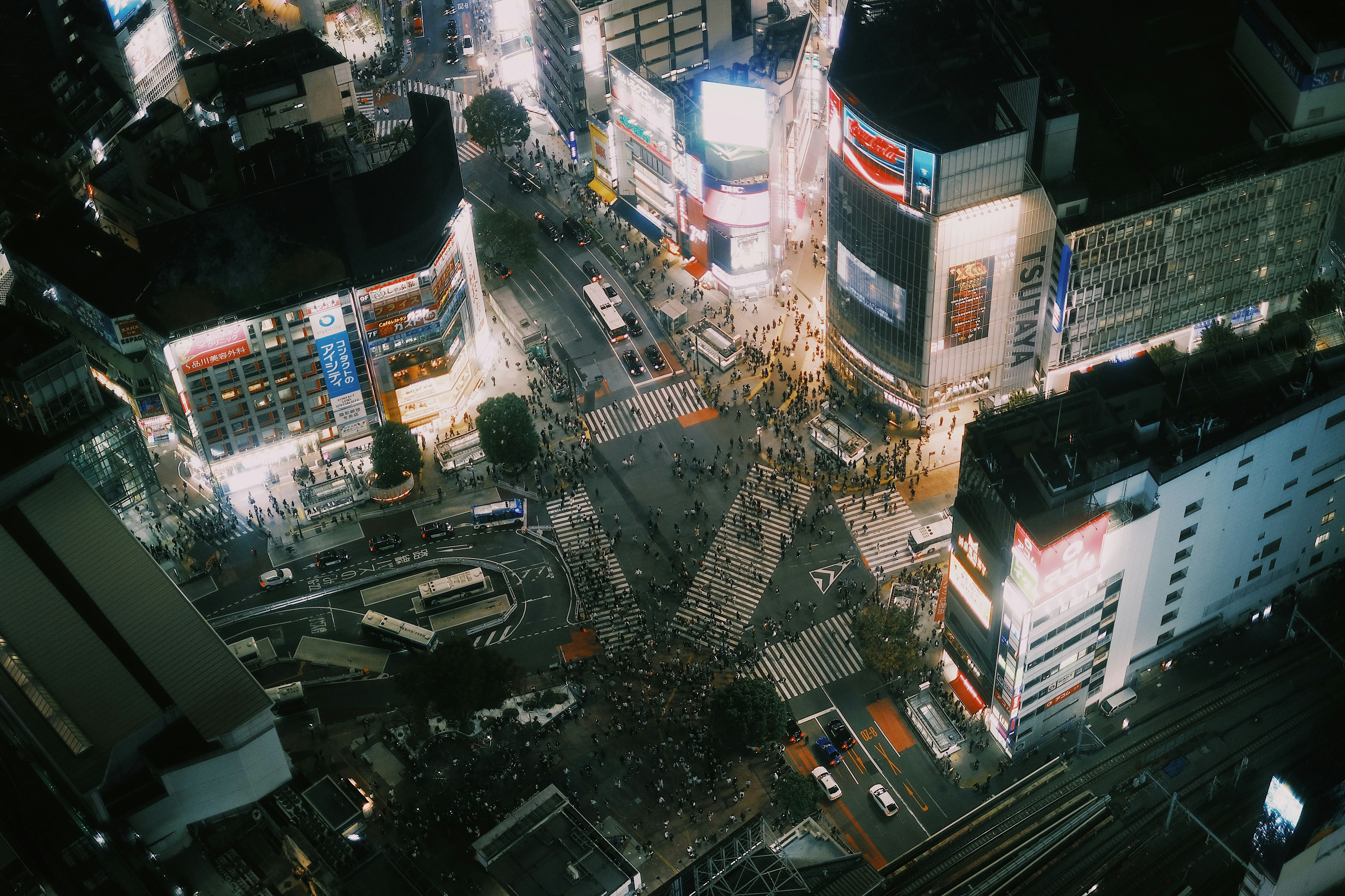 Aerial view of Shibuya Crossing on New Year's Eve, very crowded with people