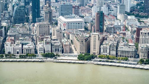 A dense urban landscape featuring a variety of modern and historic skyscrapers. The foreground displays wide riverbanks lined with greenery and pathways, suggesting a developed waterfront area. The architecture is diverse, ranging from classic European-style buildings to contemporary high-rise towers.