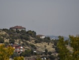 A rural landscape features houses with red roofs situated on a hilly terrain with sparse trees and bushes. The background shows a hazy city skyline, giving a contrast between nature and urban development.