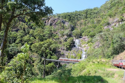 A lush green landscape featuring a dense forest with a variety of trees and vegetation. A waterfall cascades down the rocky hillside, adding to the natural beauty. A scenic train travels across a bridge, providing a picturesque view amidst the vibrant greenery and natural features.