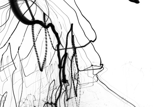 A dynamic black and white modern graphic design with flowing shapes that suggest movement.