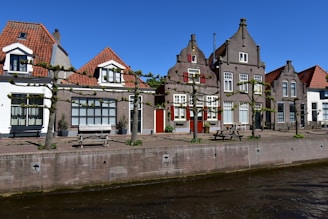 Charming row of traditional Dutch houses with steep gabled roofs and red and brown brick exteriors. The facades include symmetric windows with white frames and some with red-painted shutters. Manicured trees line the sidewalk, each with trimmed branches. A canal runs along the foreground, adding a serene water element to the scene. A bright blue sky completes the picturesque setting.