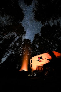 A nighttime scene features a bright, star-filled sky with a view of the Milky Way, framed by tall, dark trees. A campfire emits a warm glow, illuminating the side of a nearby camper vehicle. A silhouette of a seated person is visible next to the campfire.