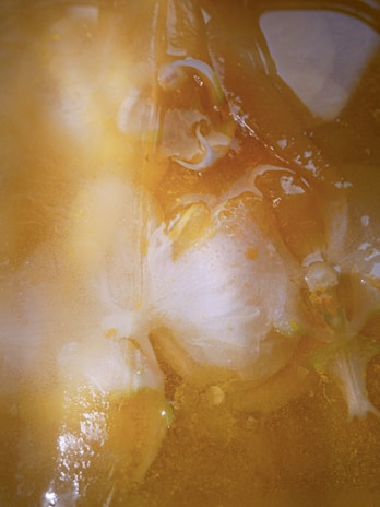 A close-up view of a translucent, gel-like substance with a mix of colors including various shades of amber, white, and hints of green. The texture appears smooth yet slightly fibrous with some liquid elements, suggesting a semi-solid or viscous material.