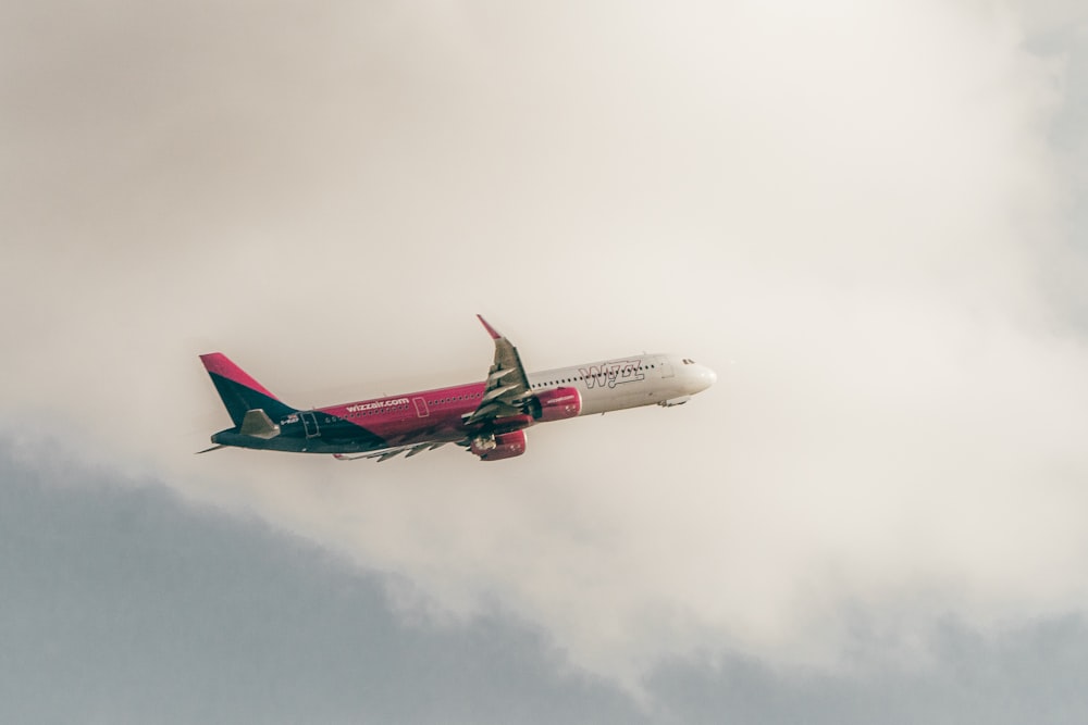 a large passenger jet flying through a cloudy sky