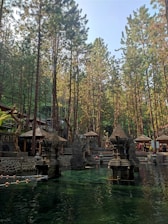 A peaceful mikveh surrounded by nature, symbolizing spiritual renewal.