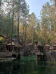 A peaceful mikveh surrounded by nature, symbolizing spiritual renewal.