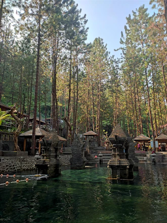 A serene outdoor setting featuring a handcrafted wooden ice bath filled with crystal-clear cold water.