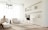 A minimalist living room with neutral tones featuring a woman sitting on a plush chair. The room includes modern decor, a wooden table with vases on built-in shelves, and a contemporary TV on a slim stand. Light flows through large, sheer drapes, creating a soft and serene atmosphere.