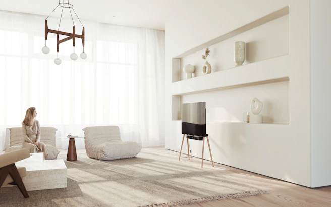 A serene minimalist living room with soft natural light and elegant, simple furniture.