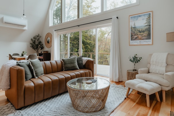 A cozy living room featuring sustainable furniture and decor.