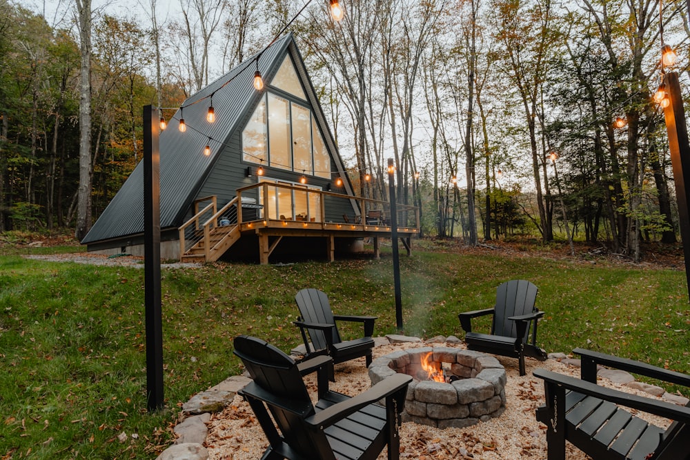 a small cabin with a fire pit in the yard