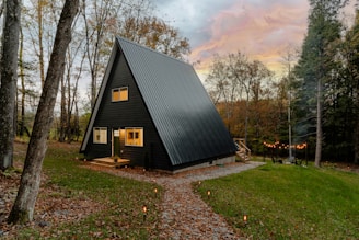 a small black cabin in the middle of a forest