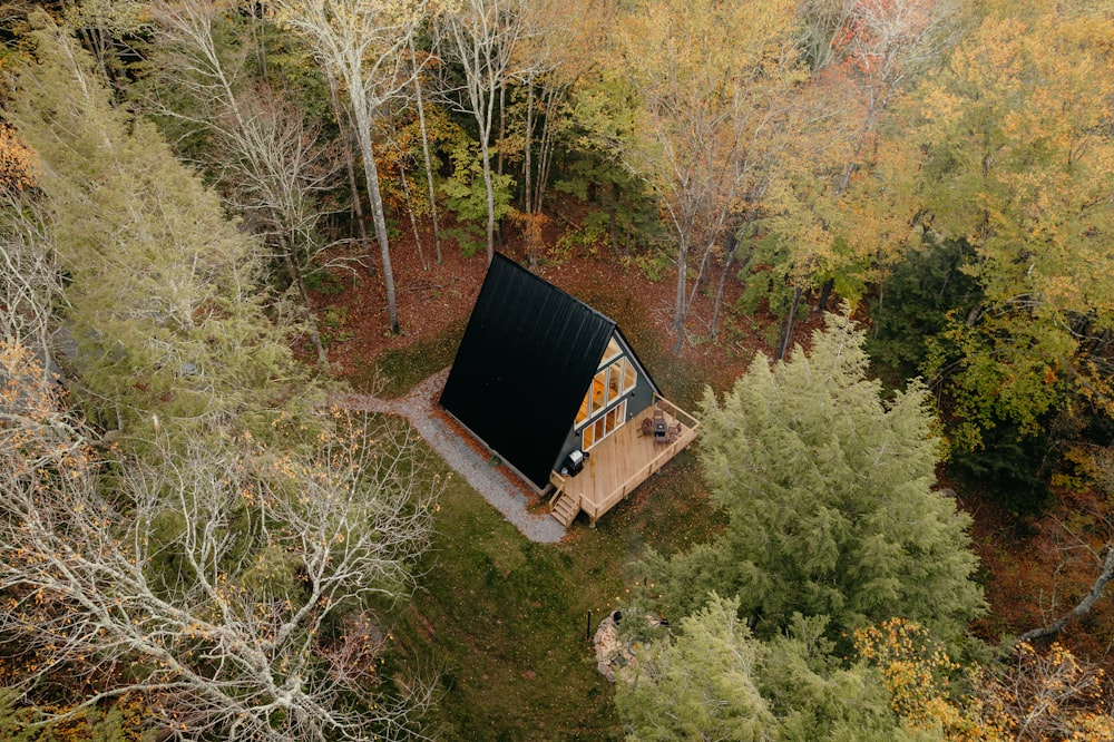 an aerial view of a cabin in the woods