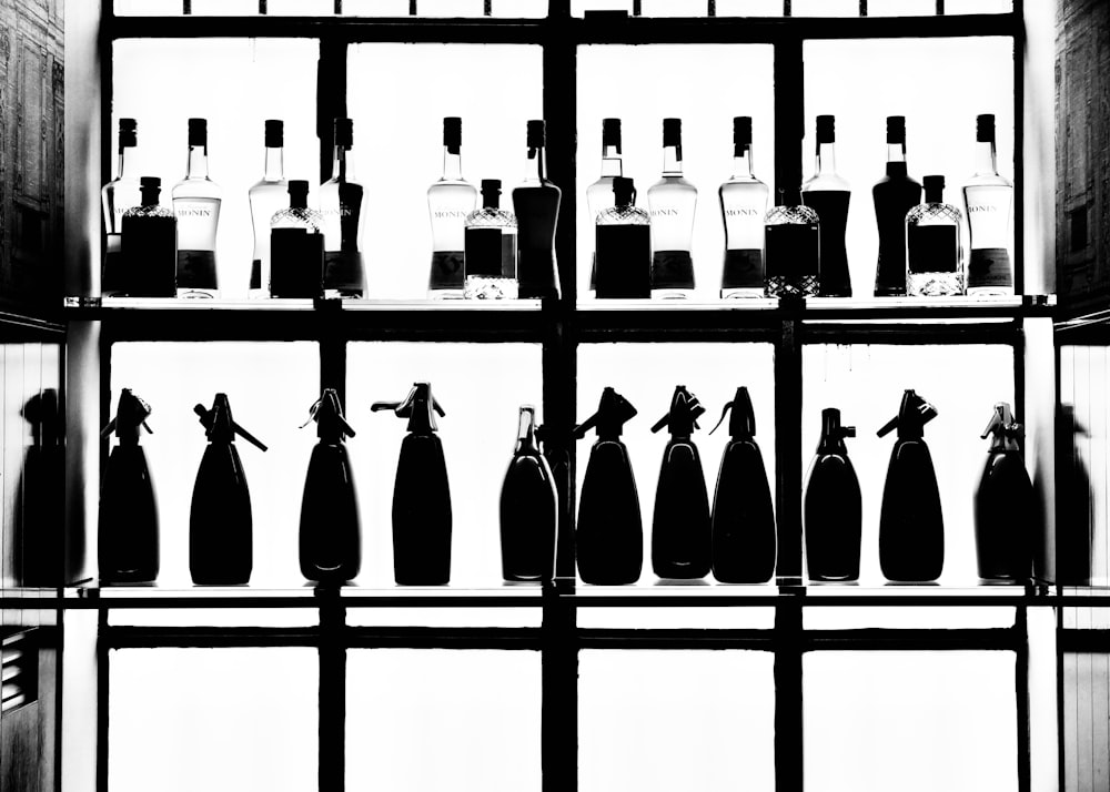bottles of alcohol are lined up on a shelf