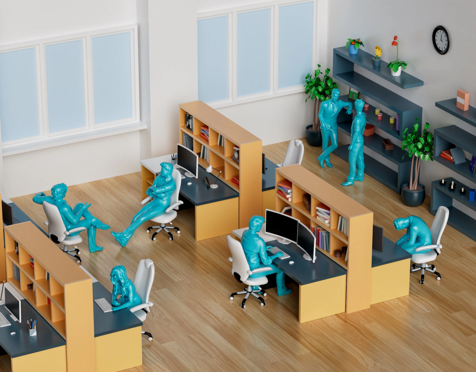 a group of desks with blue figures on them