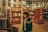A young person in a jacket stands inside a bookstore, looking at a display featuring Marvel comics. The store has numerous shelves filled with books, creating a cozy and intellectual atmosphere.