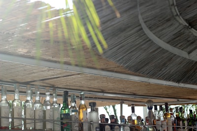 A collection of various liquor bottles lined up in a row on a bar shelf, with sunlight filtering through a bamboo or straw roof above. The scene is partially shaded by leaves, creating a tranquil and relaxed atmosphere.
