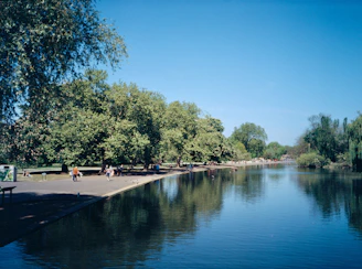 A serene riverside spot with travelers enjoying a peaceful day under the sun.