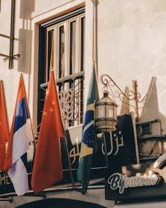 Several national flags hang outside a building, which features decorative architectural elements and signage in multiple languages. The scene is lit by warm sunlight, casting intricate shadows against the wall.