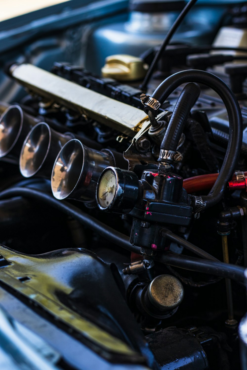 a close up of the engine of a car