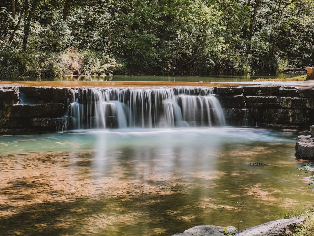 a small waterfall in the middle of a forest