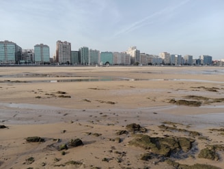 A wide, sandy beach with scattered rocks in the foreground and a row of modern high-rise buildings in the background. The sky is clear with some wispy clouds.