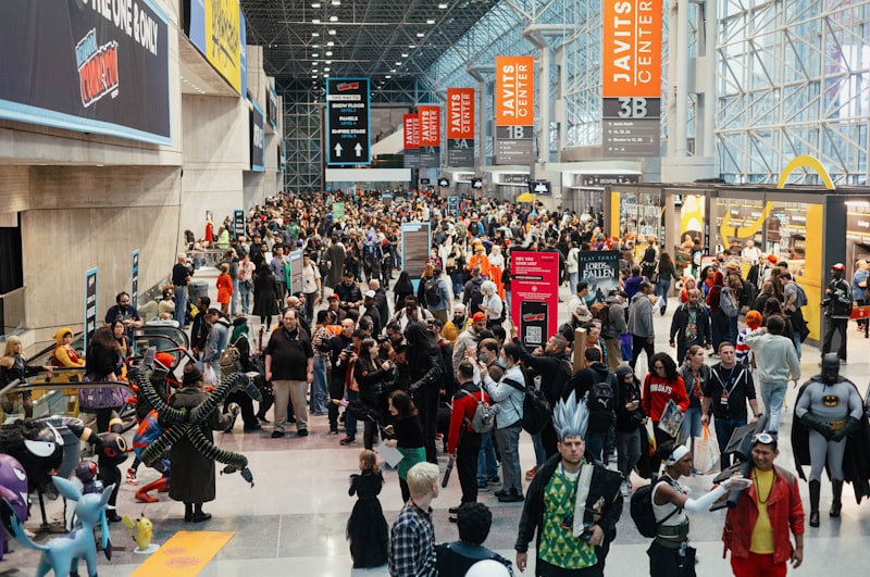 Comic con gaming convention floor packed with attendees