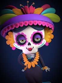 A colorful and vibrant cartoon-style character reminiscent of traditional Dia de los Muertos imagery. The character has a skull face painted with bright pink and teal accents, large yellow and orange flowers as earrings, and wears a large, elaborate hat adorned with multicolored feathers and flowers. The character's clothing is a dark outfit with a decorative orange necklace.