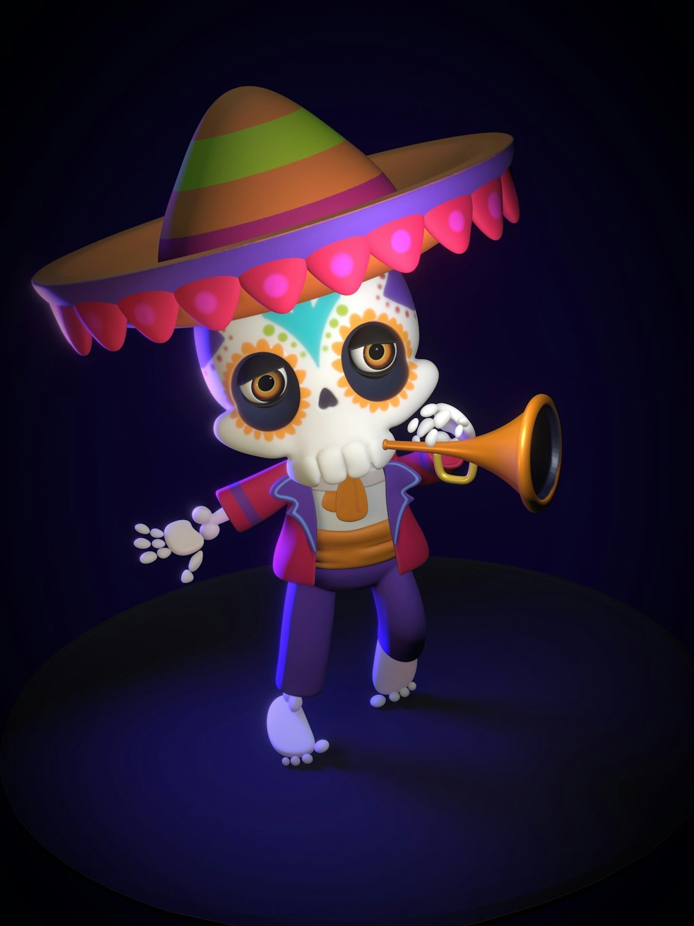 Uno scheletro con un cappello messicano che suona una tromba