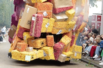 A large, creatively arranged float is covered in blocks made of densely packed colorful flowers, interspersed with cardboard boxes. The float is part of a parade, with people sitting and standing along the street observing the spectacle. The colors of the flowers range from vibrant yellows to deep pinks and reds. The setting appears festive and lively.