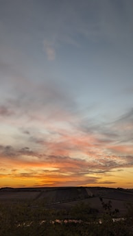 Scenic view of a lush countryside landscape at sunset.