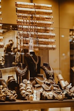a display in a store filled with lots of gold jewelry