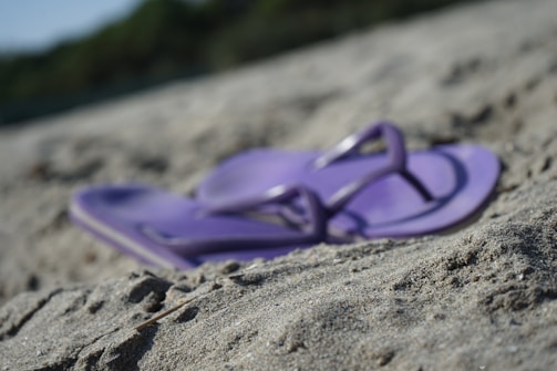 A pair of purple flip-flops lies on sandy ground, with a blurred background of greenery. The image focuses on the flip-flops, highlighting their color and texture against the coarse sand.