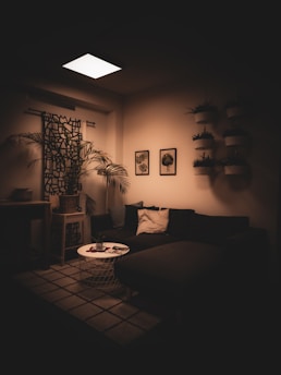 A cozy living room setting with dim lighting, featuring a dark sofa with cushions, a round coffee table, and a patterned rug. The space is decorated with plants, including a large potted palm and several wall-mounted planters. Two framed botanical prints hang on the wall, and a decorative screen is partially visible.