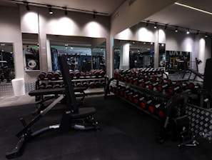 A gym with an array of dumbbells neatly organized on racks in front of large mirrors, with various strength training equipment including a bench press visible. The lighting is subtle and modern, with black and metallic gray tones dominating the space.