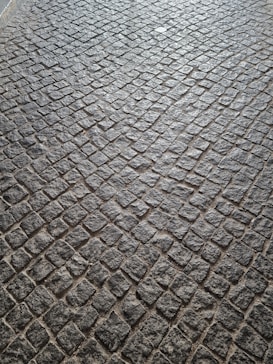 A pattern of cobblestone pavement with irregularly shaped stones in a tightly packed arrangement. The surface displays a textured and rugged appearance, with a mix of gray and earthy tones.