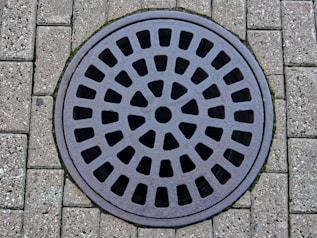 a manhole cover on a brick sidewalk